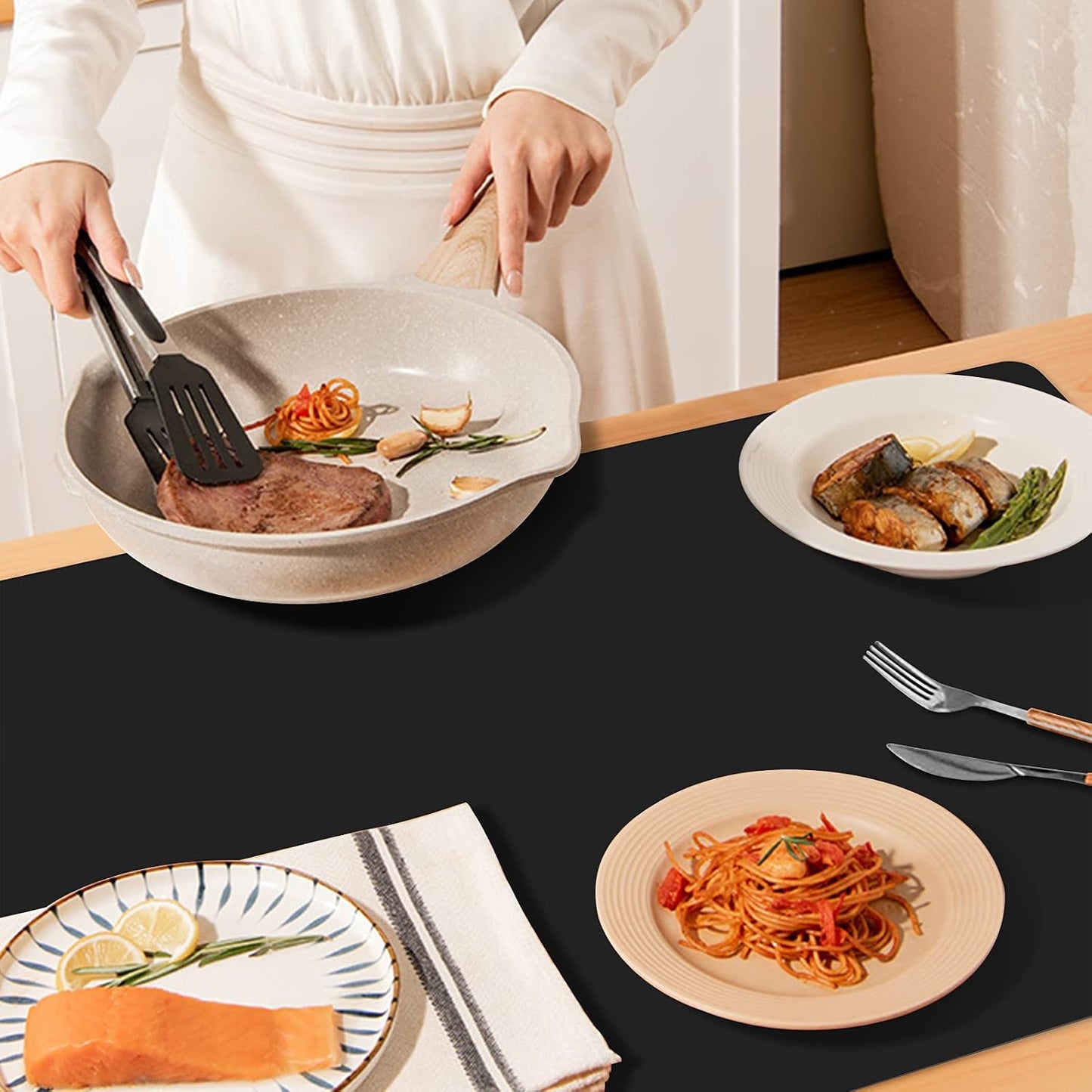 Ewen 25.6x17.7in Large Silicone Kitchen Counter Mat, 2mm Thick Heat Resistant Countertop Protector, Baking Silicone Mat under Air Fryer Toaster Oven Microwave Coffee Maker Cutting Board Drill Black