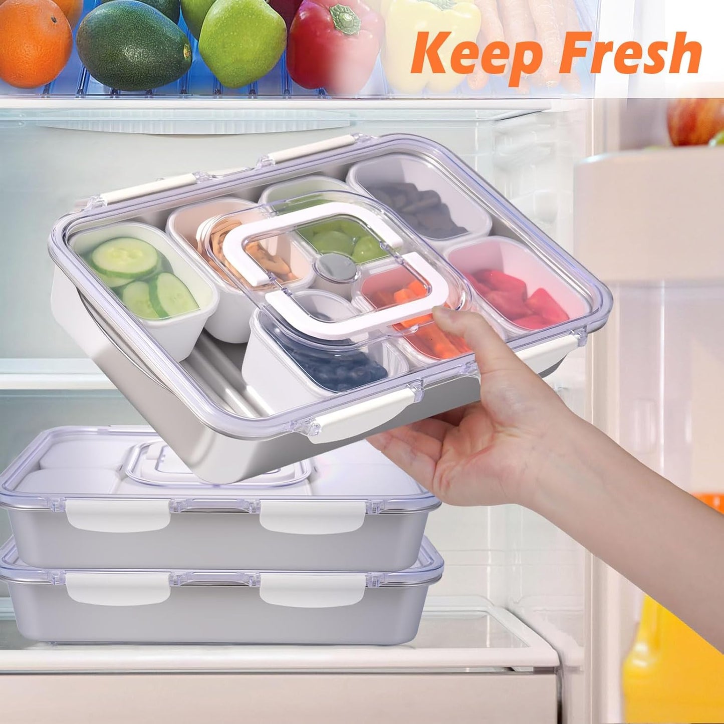 Snackle Box Container,Dishwasher Safe Snack Tray with Lid,Stainless Steel Divided Serving Tray with Lid,8 Compartments with Transparent Lids,Perfect for Travel Party