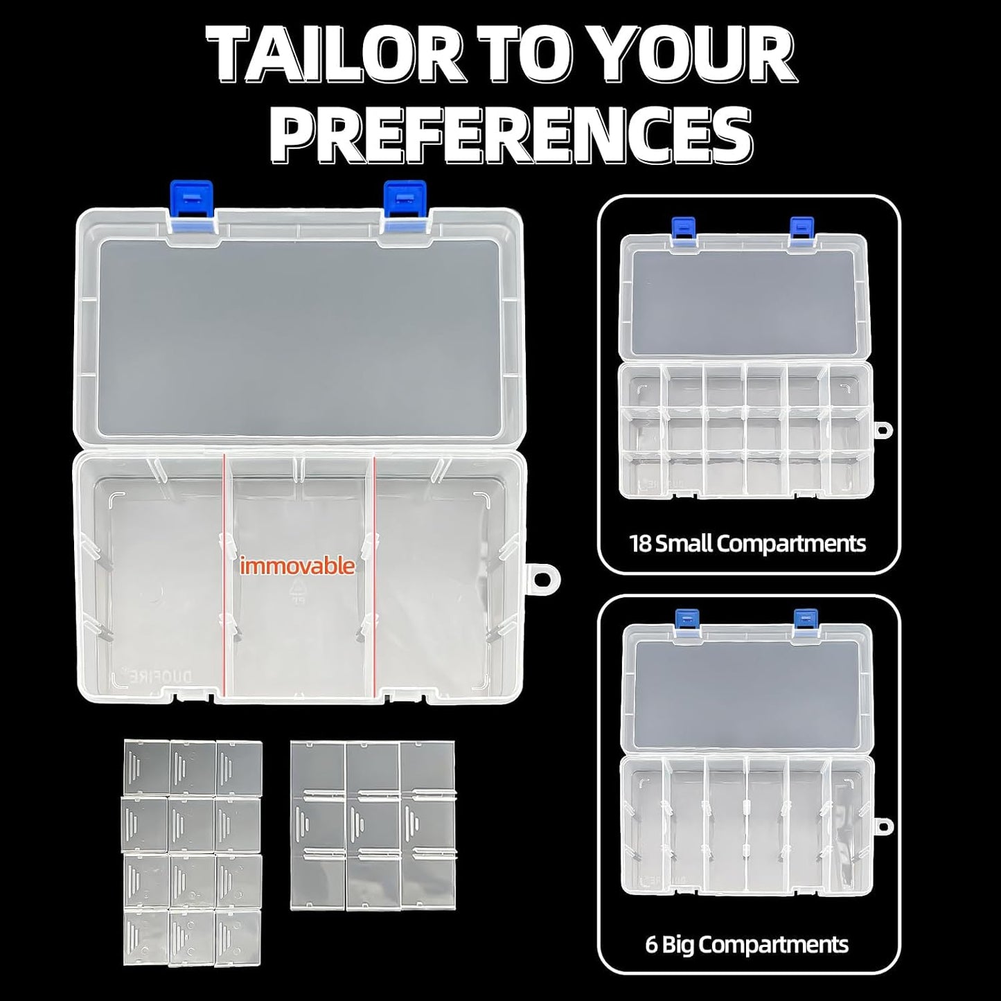 DUOFIRE Plastic Organizer Container Storage Box Adjustable Divider Removable Grid Compartment for Jewelry Beads Earring Tool Fishing Hook Small Accessories(18 grids, White X 2)