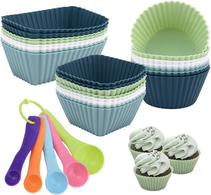 24pcs Silicone Muffin Cups,5pcs Plastic Measuring Spoons Set,Reusable Muffin Liners Silicone Cupcake Liners Lunch Box Dividers,3 Shape Non-Stick Baking Cups Cup Cake Molds Holder