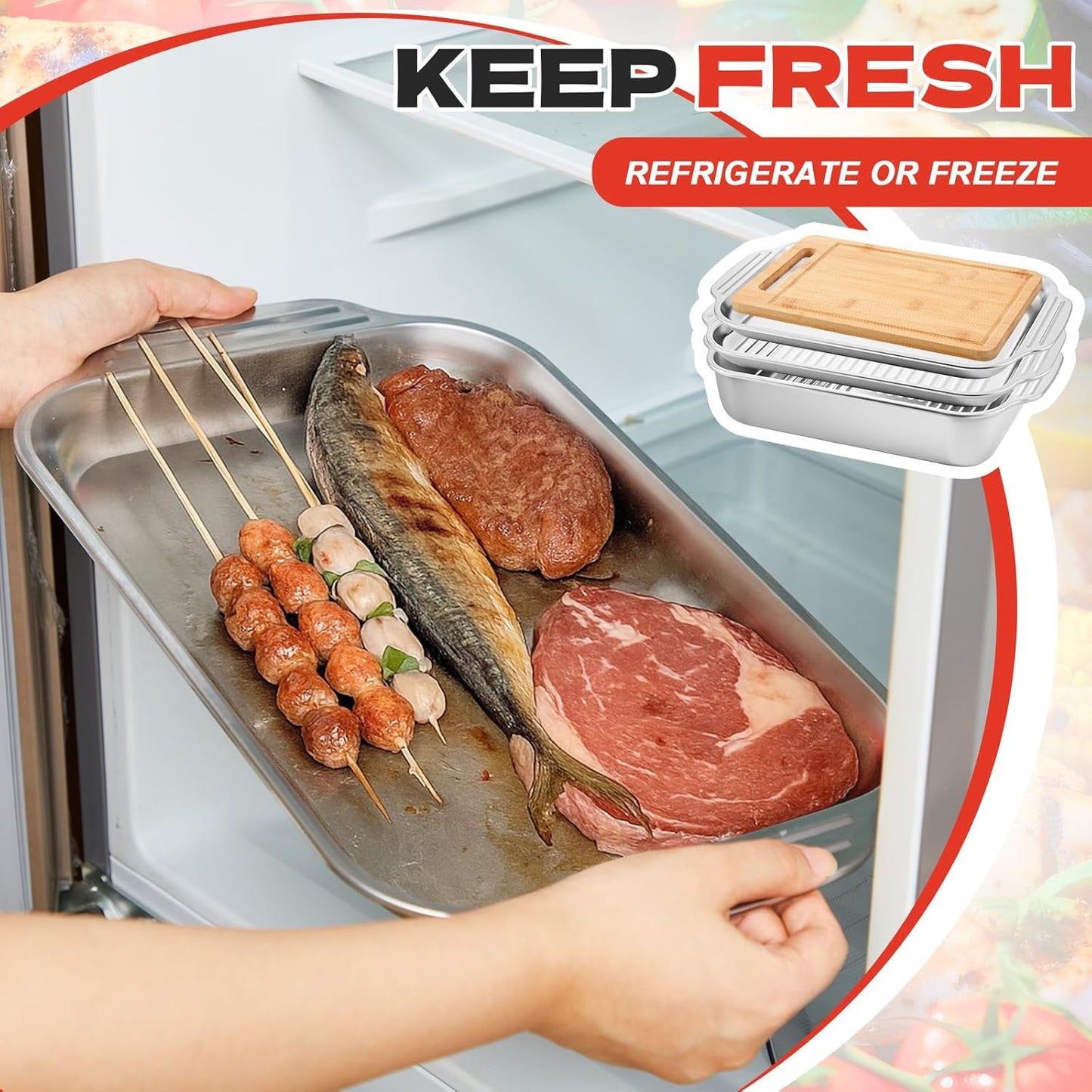4 Pcs Grill Prep Set – Stainless Steel BBQ Prep & Serve Tray, Marinade Containers with Lids and Cutting Board for Outdoor Grilling, BBQ, Marinating (Deep Tray)