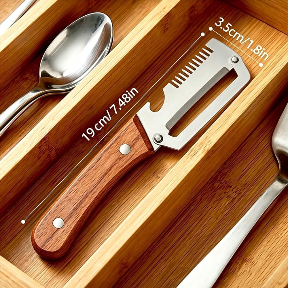 2 Pcs Multi-Functional Vegetable Peeler for Kitchen, Features Solid Wood Handles, 3-in-1 Fruit Peeler with Bottle Opener and Grater, Julienne Peeler, Vegetable Shredder for Potato, Carrot, Fruits