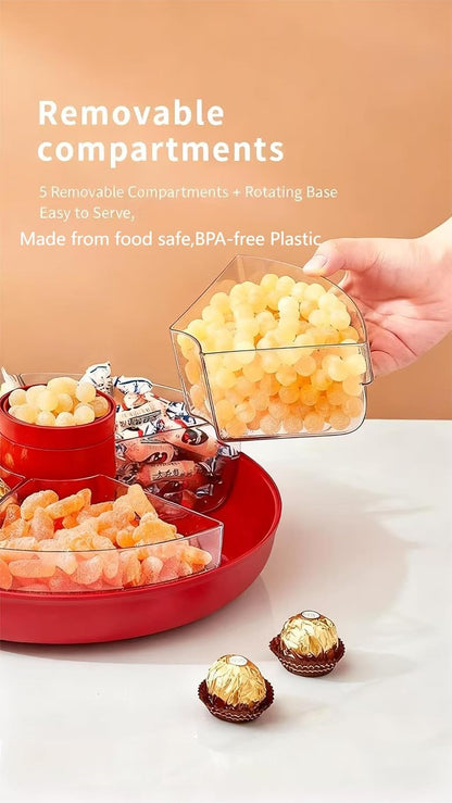 Divided Serving Tray with 5 Deep Compartments & Flip Lid – 11” Lazy Susan Rotating Snack Tray for Taco Bar, Fruit, Veggie, Chips, Appetizers,Mothers Day, BBQ, Picnic & Party Hosting