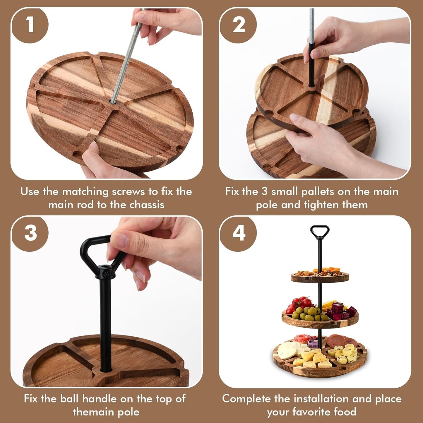 Elegant Charcuterie Boards Three Tiered Acacia Cheese Board and Cupcake Stand with 360° Easy-to-Spin Trays, Perfect for Gatherings, Housewarming Gifts, Celebrations, and Daily Usage.