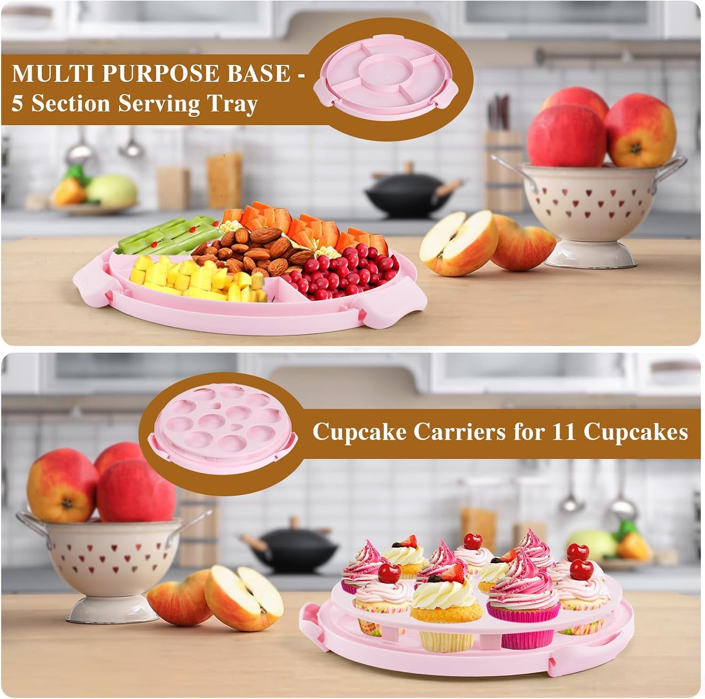 Cake Carrier with Lid and Handle, BPA-Free Cake Containers Cake Stand for 10 inch Cake with 2 Handles Cupcake Carrier - Plastic Cover Two Sided Base for Transport Pie Nuts Fruit Perfect Gifts