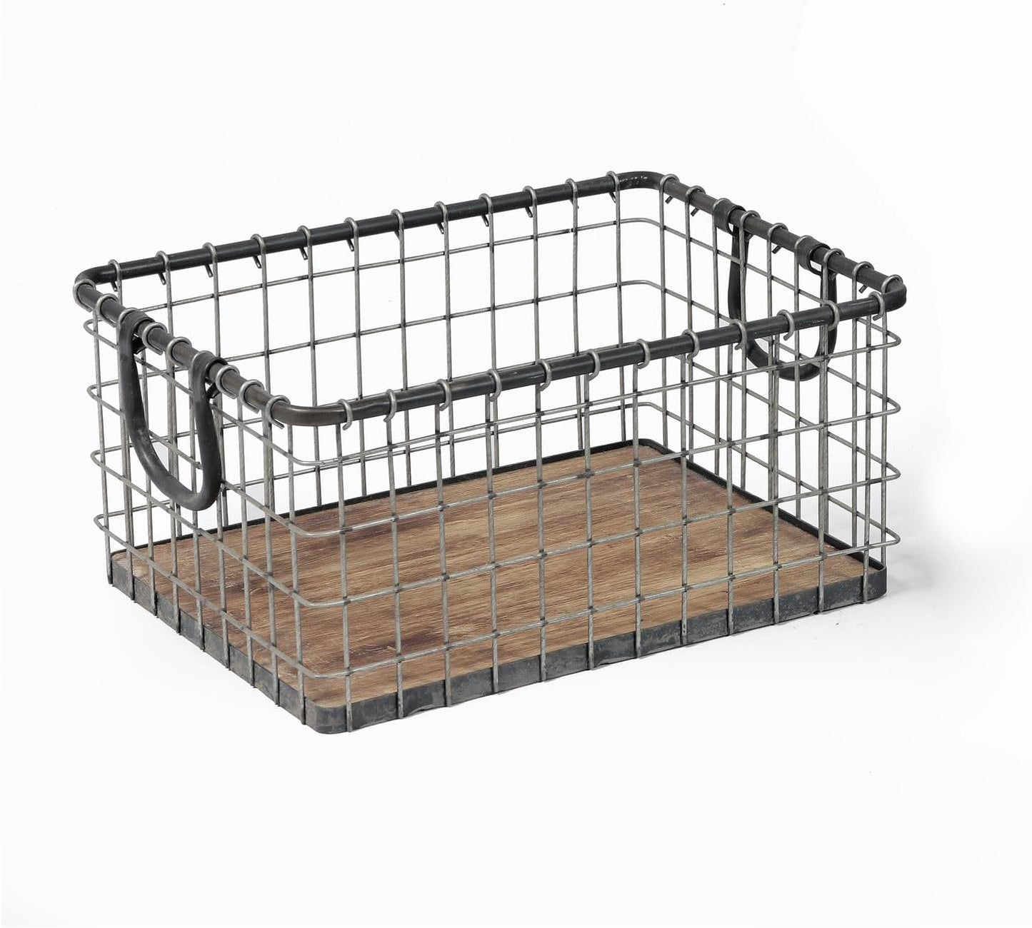 11.5" Wide Rectangular Sturdy Hand Welded Farmhouse Metal Wire Basket with Rustic Wooden Bottom For Shelves, Closet Storage Bins for Shelves. Also For Laundry, Towel, Spice Rack, Tool Box (11.5"x7")