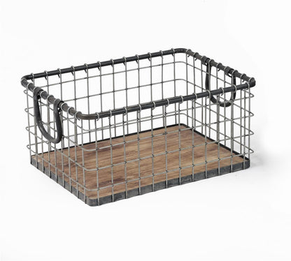 11.5" Wide Rectangular Sturdy Hand Welded Farmhouse Metal Wire Basket with Rustic Wooden Bottom For Shelves, Closet Storage Bins for Shelves. Also For Laundry, Towel, Spice Rack, Tool Box (11.5"x7")