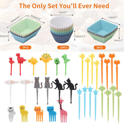 60PCS Silicone Lunch Box Dividers, Heavy-Duty Silicone Cupcake Liners for Muffin Cups, Reusable Kids' Lunch/Bento Box Accessories Set with Animal Forks, Food-Grade, BPA Free(20 Liners + 40 Picks)