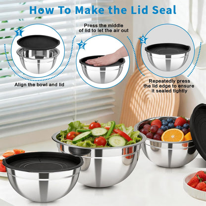 Stainless Steel Mixing Bowls with Lids Set, 7 Pcs Nesting Design Metal Mixing Bowls Salad Bowl for Mixing, Prepping and Serving Food(Size4.5-0.7QT)