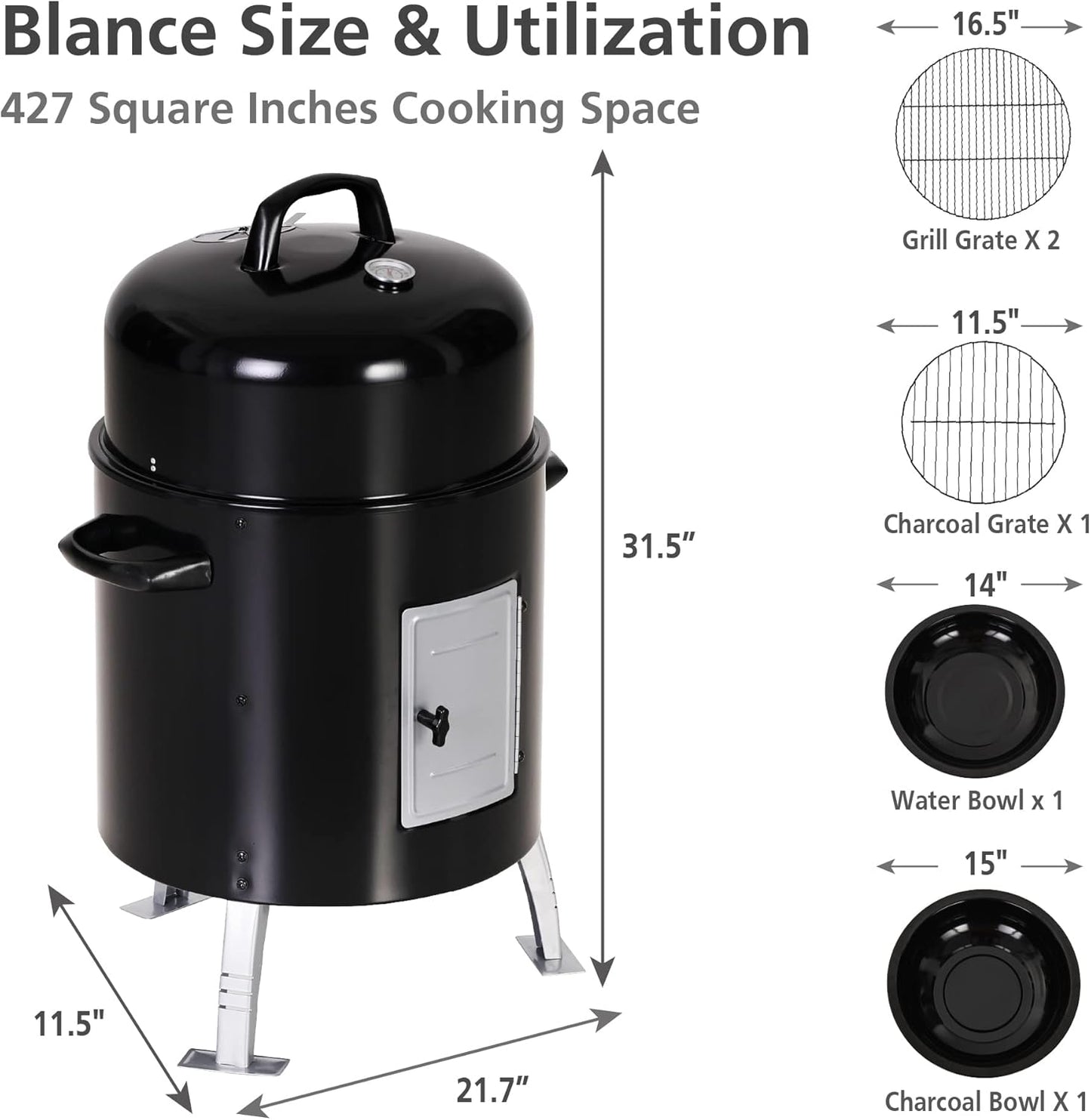 Sophia & William 18-Inch Vertical Charcoal Smokers BBQ Grills with Porcelain-Enameled Smoking Chamber & 2-Layer Smoking Shelves, Outdoor Smokers & Tabletop Grill Combo for Barbecue Camping(Black)