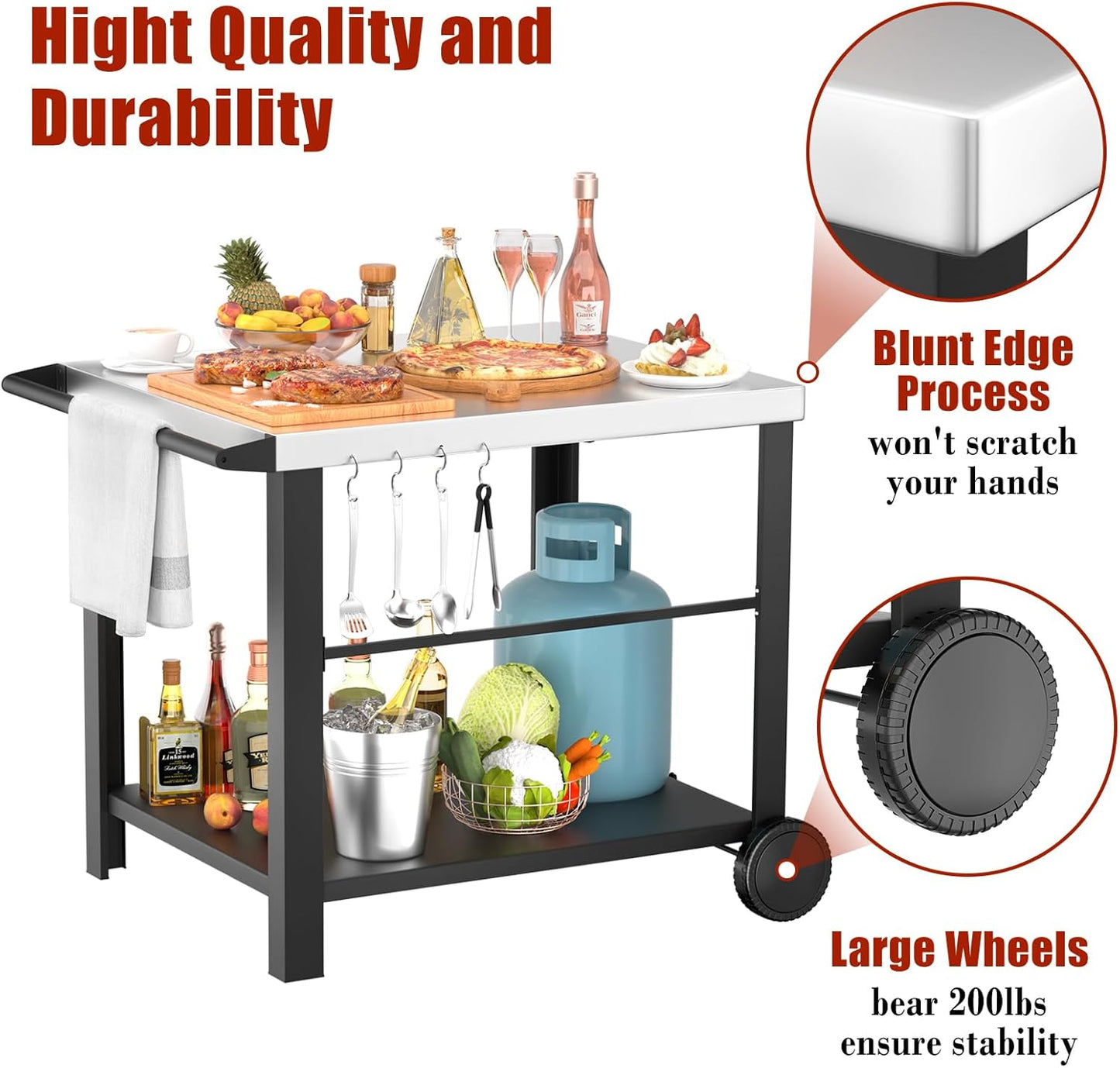 Upgraded Pizza Oven Cart Table for Ooni Koda/Karu/Fyra 16 & 12, Movable Thicken & Widen Rolling Kitchen Cart, Outdoor Grill Stand for Ninja Woodfire,Blackstone Griddle,Barbecue Tool Set