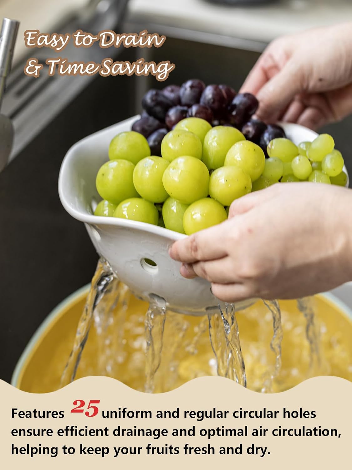 Gomakren Berry Bowls with Holes Ceramic, Berry Washing Bowl Basket Set of 2, 5.8 Inch Round Fruit Bowl Storage Containers, Strawberry Baskets, Farmhouse Kitchen Decor, Yellow + Brown
