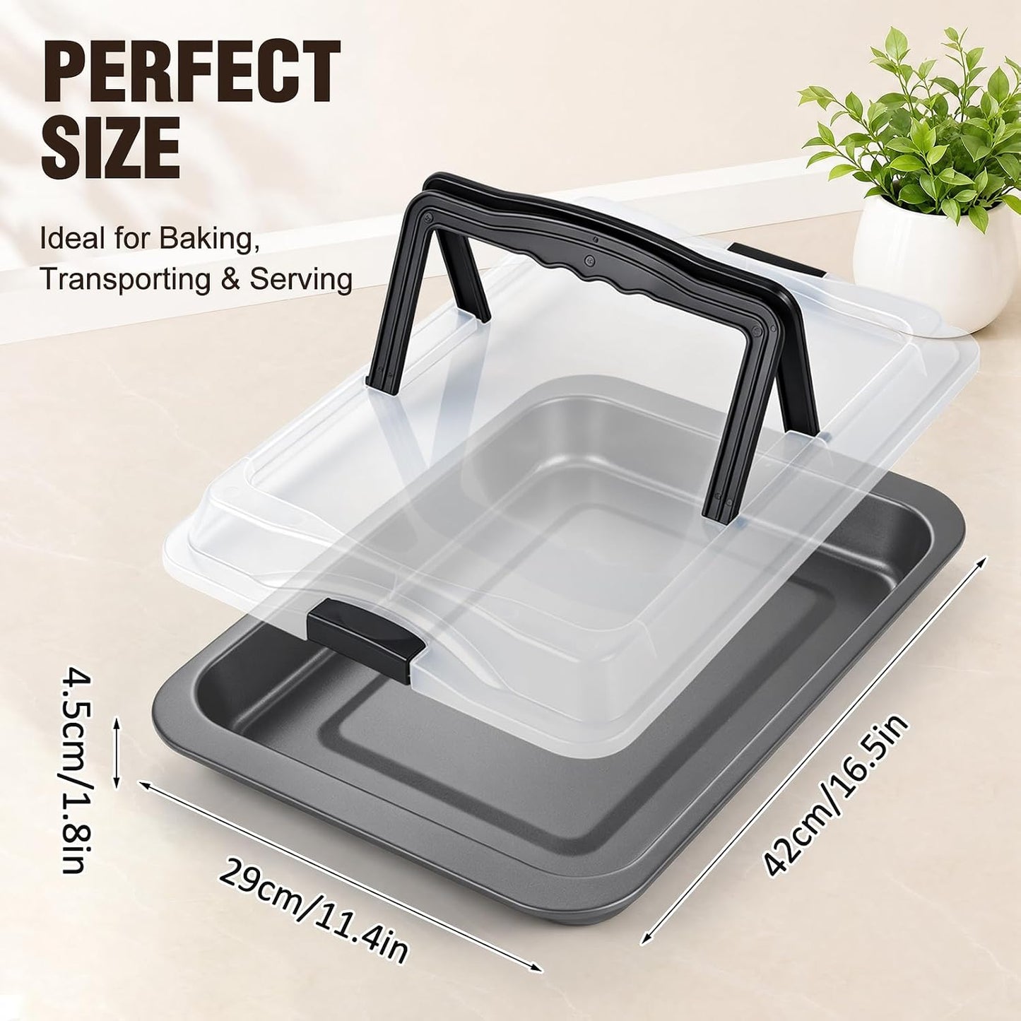 Qinyoung 1 Pcs Cake Baking Pan with Lid and Handle, 9 x 13 Inch Non-stick Rectangle Sheet Cake Pan Carrier for Brownie Roasting Cooking Baking (Black)