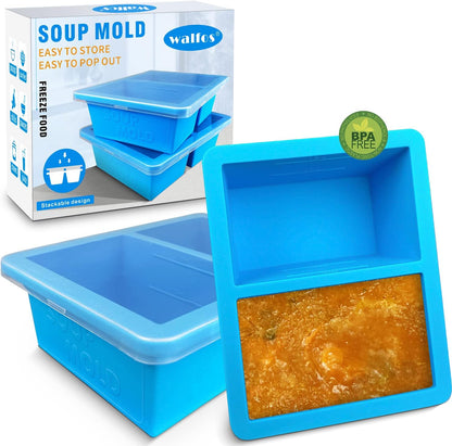 Walfos Silicone Freezer Tray with Lid - 1.5Cup Silicone Food Freezer Tray - Soup, Sauce, leftovers, Homemade Meal Prep Freezing Kitchen Storage Containers - 4pcs-blue