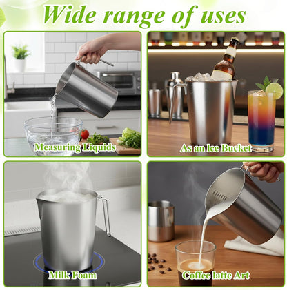 2L 18/8 Stainless Steel Measuring Cup with Handle and Pour Lip, 304 stainless pitcher with marking with handle, 68OZ/2 Liter- 8 Cup, Heavy-Duty Pitcher