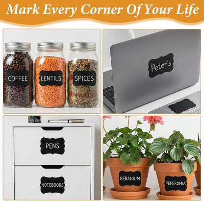 Qianyu 200 Pcs Waterproof Blackboard Stickers Chalkboard Labels Erasable Reusable Blackboard Labels with 1 Liquid Chalk Markers Pen for Jars Parties Decoration Craft Rooms Weddings Storage Organize