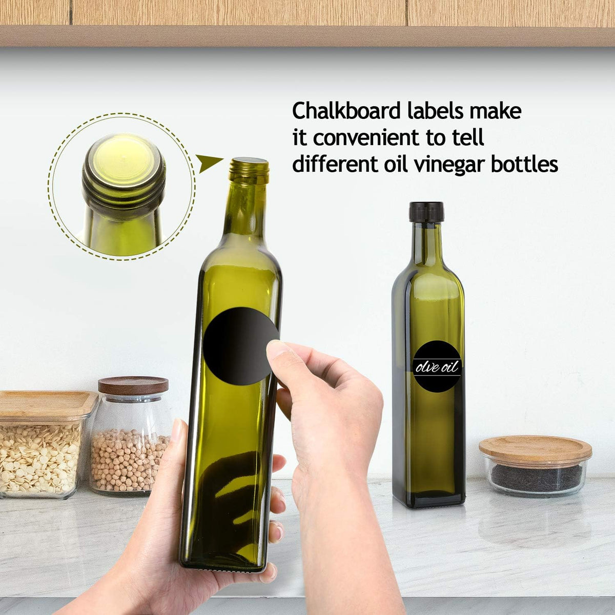 AOZITA [2 PACK 17 oz Glass Olive Oil Dispenser Bottle Set - 500ml Dark Green Oil & Vinegar Cruet Bottle with Pourers, Funnel and Labels - Olive Oil Carafe Decanter for Kitchen