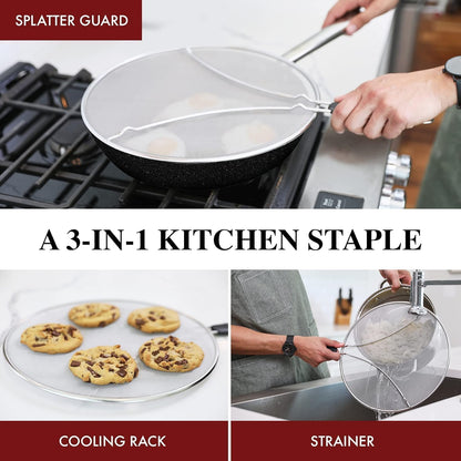 Stainless Steel Grease Splatter Guard,15-inch Fine Mesh Cover, Grease & Oil, Splatter Screen for Frying Pan, Cooking Pots, with Comfort Grip Handles