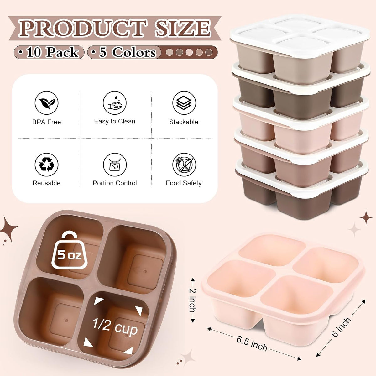 Honeydak 10 Pack Bento Snack Containers 4 Compartment Snack Boxes Reusable Containers with Lids Divided Meal Prep Lunch Food Storage Box for School Work Travel