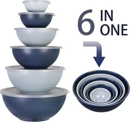 BoxedHome BPA Free Plastic Round Mixing Bowl with Lids, 12 Pack Nesting Bowls with Lids Set, Microwave and Dishwasher Safe Prep & Serving Bowls Great for Mixing, Baking, Serving (pinkish green, 12pcs)