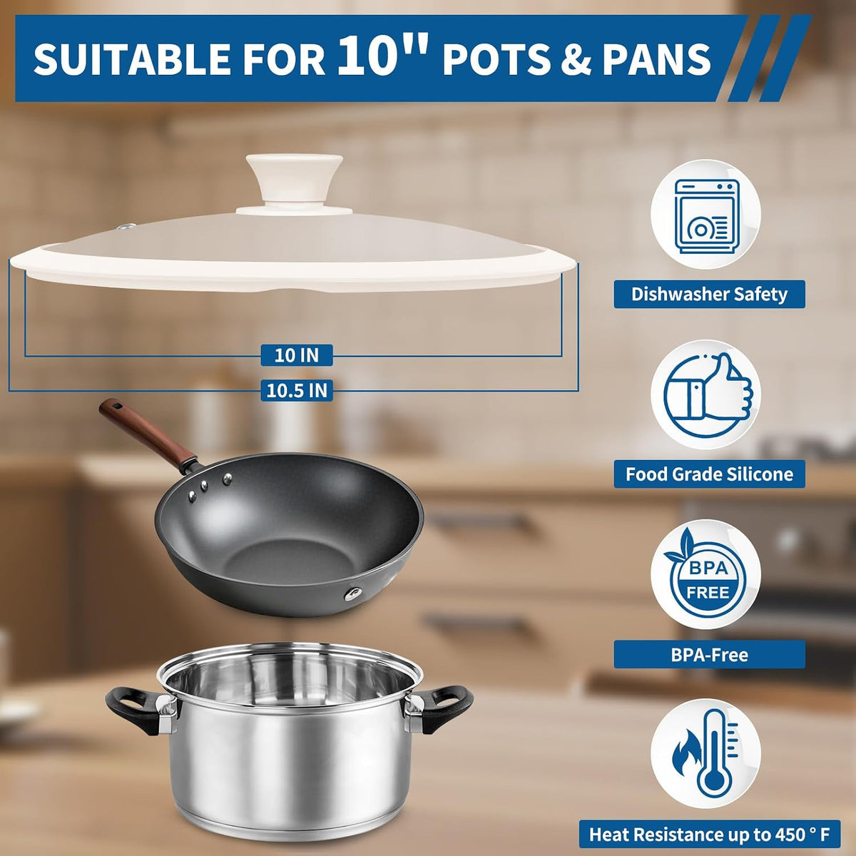 Pan Lid 10 Inch - Tempered Glass Pot Lid - Replacement Pan Cover for Cast Iron Skillets, Frying Pans, Pots and Wok, Heat Resistant Handle, Black