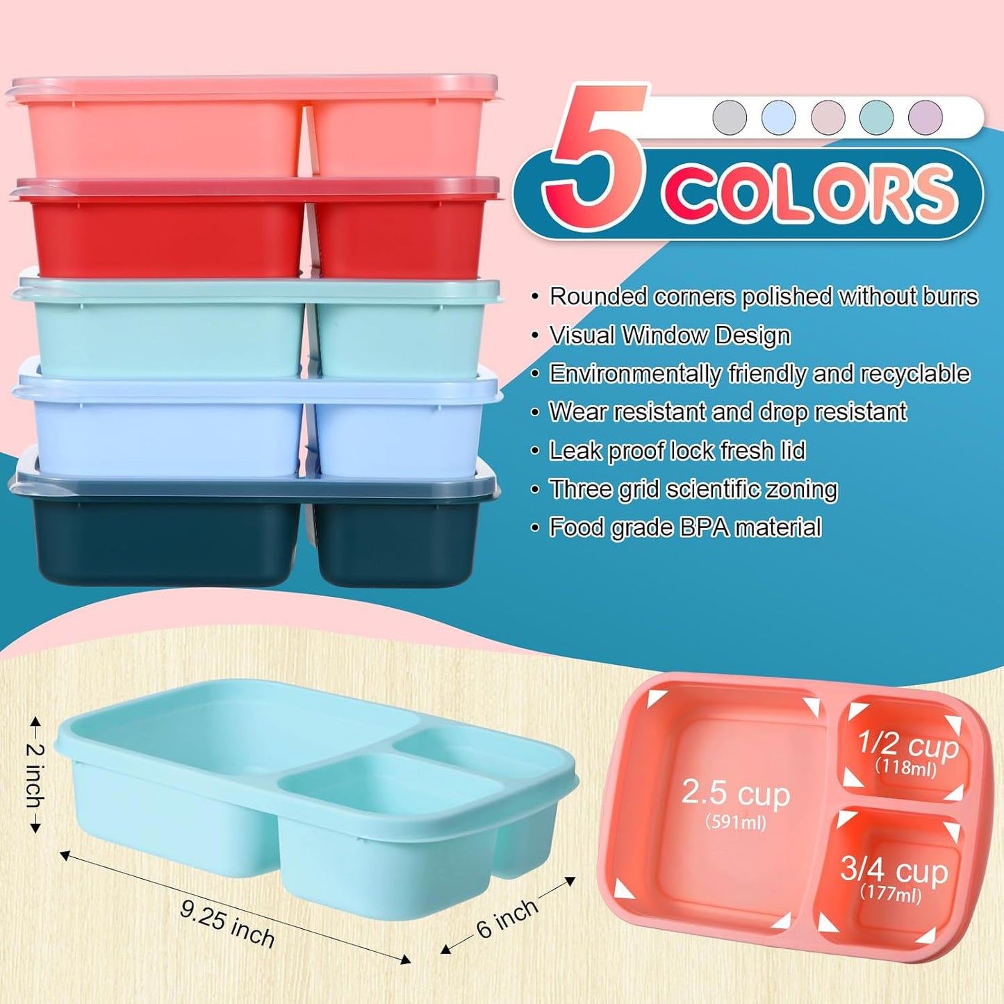Honeydak 5 Pack Snack Containers 3 Compartment Bento Snack Boxes Divided Meal Prep Containers with Lids Reusable Adults Lunch Food Storage Box for School Work Travel(Elderberry)