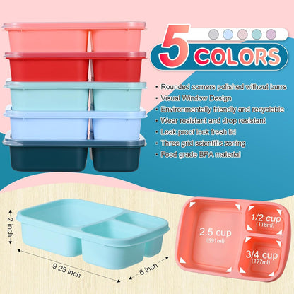 Honeydak 5 Pack Snack Containers 3 Compartment Bento Snack Boxes Divided Meal Prep Containers with Lids Reusable Adults Lunch Food Storage Box for School Work Travel(Elderberry)