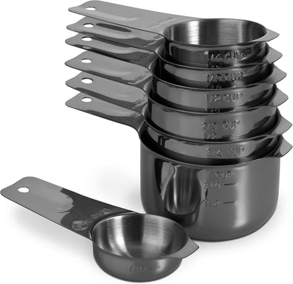 13-piece Measuring Cups and Spoons Set, 18/8 Stainless Steel Heavy Duty Ergonomic Handle with Ring Connector, Silver