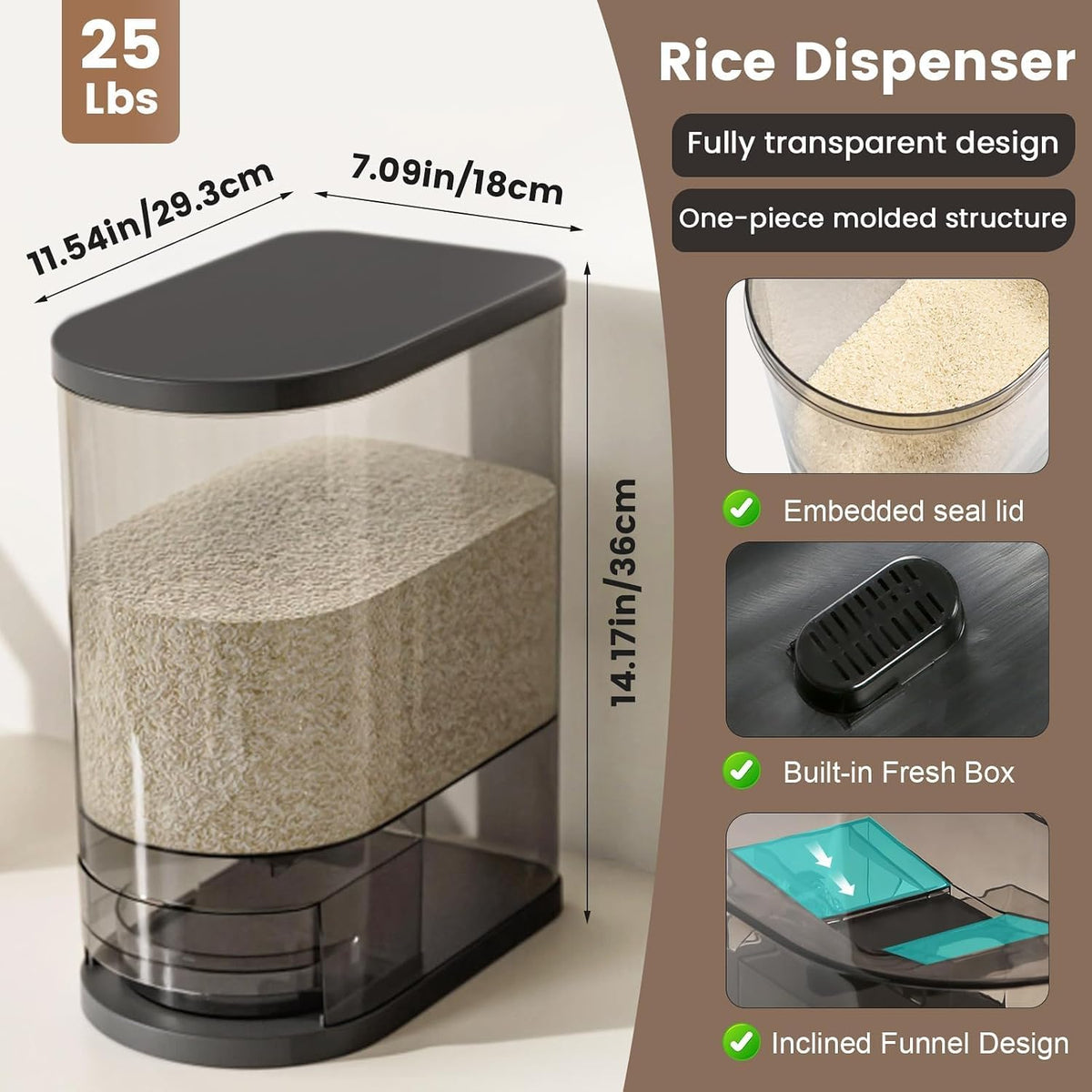 SYNCVIBE Large Rice Dispenser 22-25Lbs, Cereal Dispenser Rice Container Food Storage Container with Measuring Cup, Cereal Containers Storage Kitchen Storage Household Moisture Proof Holder, Black