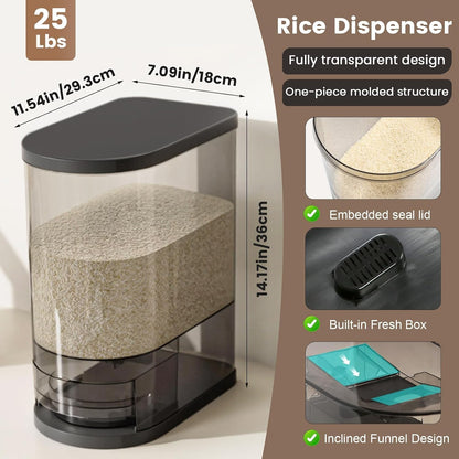 SYNCVIBE Large Rice Dispenser 22-25Lbs, Cereal Dispenser Rice Container Food Storage Container with Measuring Cup, Cereal Containers Storage Kitchen Storage Household Moisture Proof Holder, Black