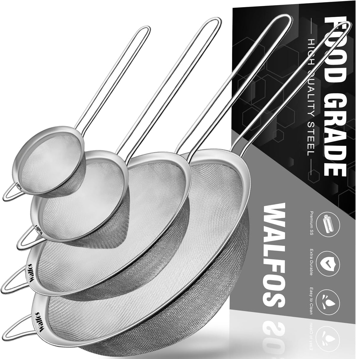 Walfos 6.3 Inch Fine Mesh Strainer, Premium Stainless Steel Sieve and Sifter with Handle, Kitchen Metal Strainers for Rice, Quinoa, Fruits, Noodles, Flour