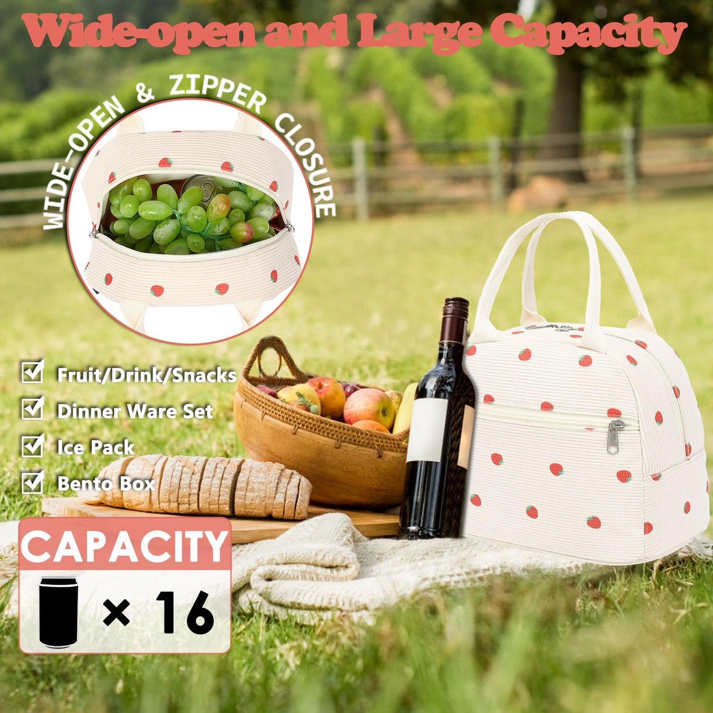 GYEUKHAM Lunch Bag Women, Lunch Box for Adult Men Kids Girls, Small Cute Lunchbox Tote Large Capacity Insulated Lunch Container Cooler for Work School Picnic Travel, Black White Stripes