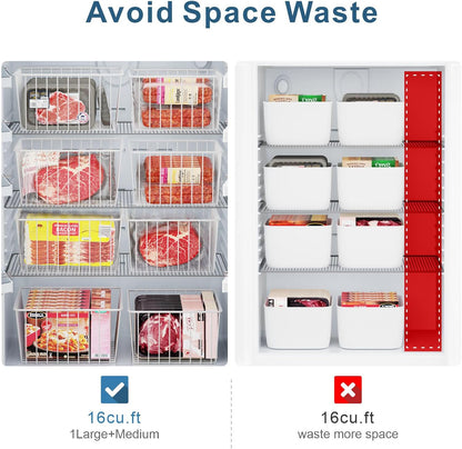 iSPECLE Freezer Organizer Bins - 4 Pack Upright Freezer Baskets for 17/21 Cu.Ft Stand Up Freezer, Wire Storage for Reach-In Freezer, Slide-Out Access, Prevents Items Falling, 2 Large 2 Medium, White