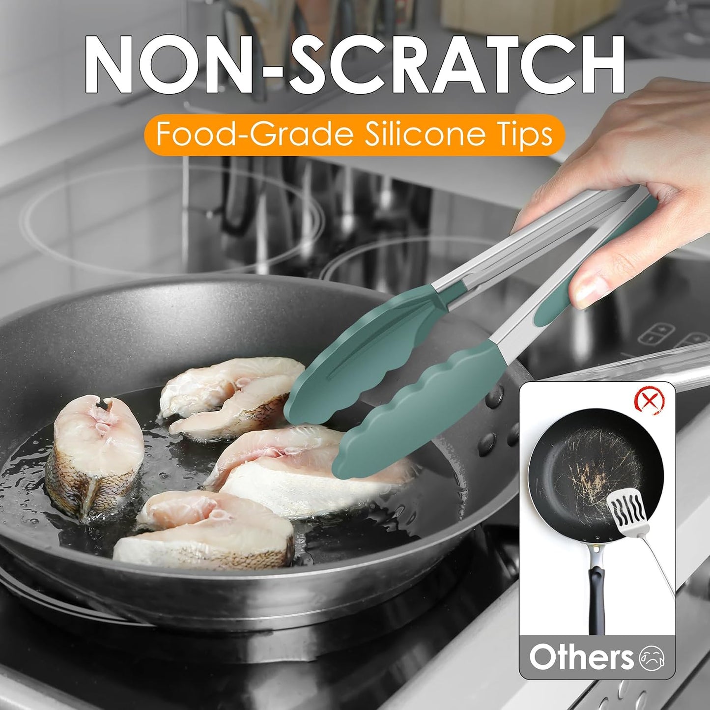 HOTEC Premium Stainless Steel Locking Kitchen Tongs with Silicon Tips, Set of 2-9" and 12"