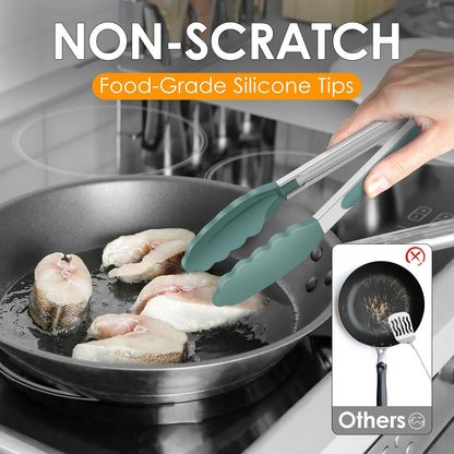 HOTEC Premium Stainless Steel Locking Kitchen Tongs with Silicon Tips, Set of 2-9" and 12"