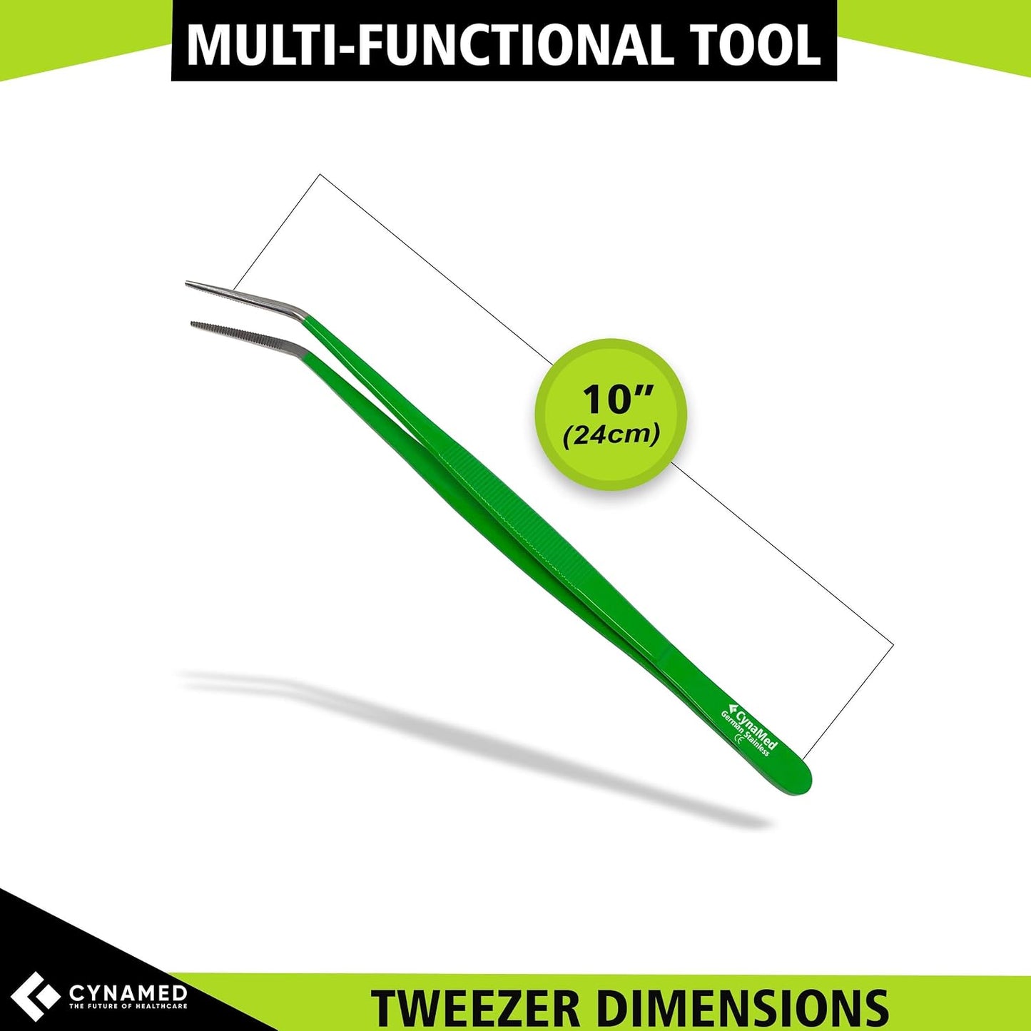 Cynamed 10” Kitchen Premium Tongs Tweezers Stainless Steel, Long with Precision Serrated Tips (Blue, Bayonet)