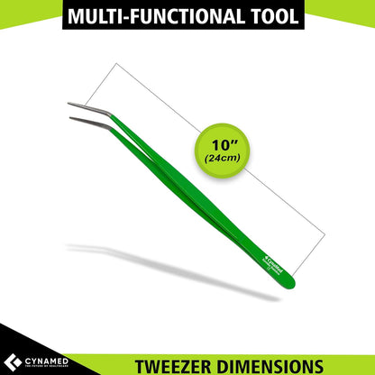 Cynamed 10” Kitchen Premium Tongs Tweezers Stainless Steel, Long with Precision Serrated Tips (Blue, Bayonet)