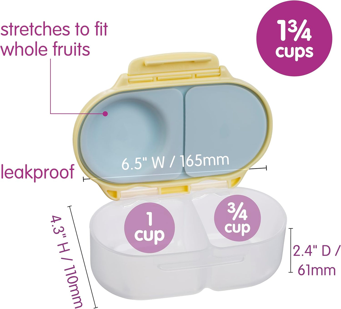 b.box Snack Box 2-Pack - Leak Proof Mini Bento Box for Kids & Toddlers, 2 Compartment Snack Containers for Kids, Dishwasher Safe, BPA-Free, PFAS-Free, Ages 4mo+, 1 3/4 Cup Each (Strawberry + Lilac)