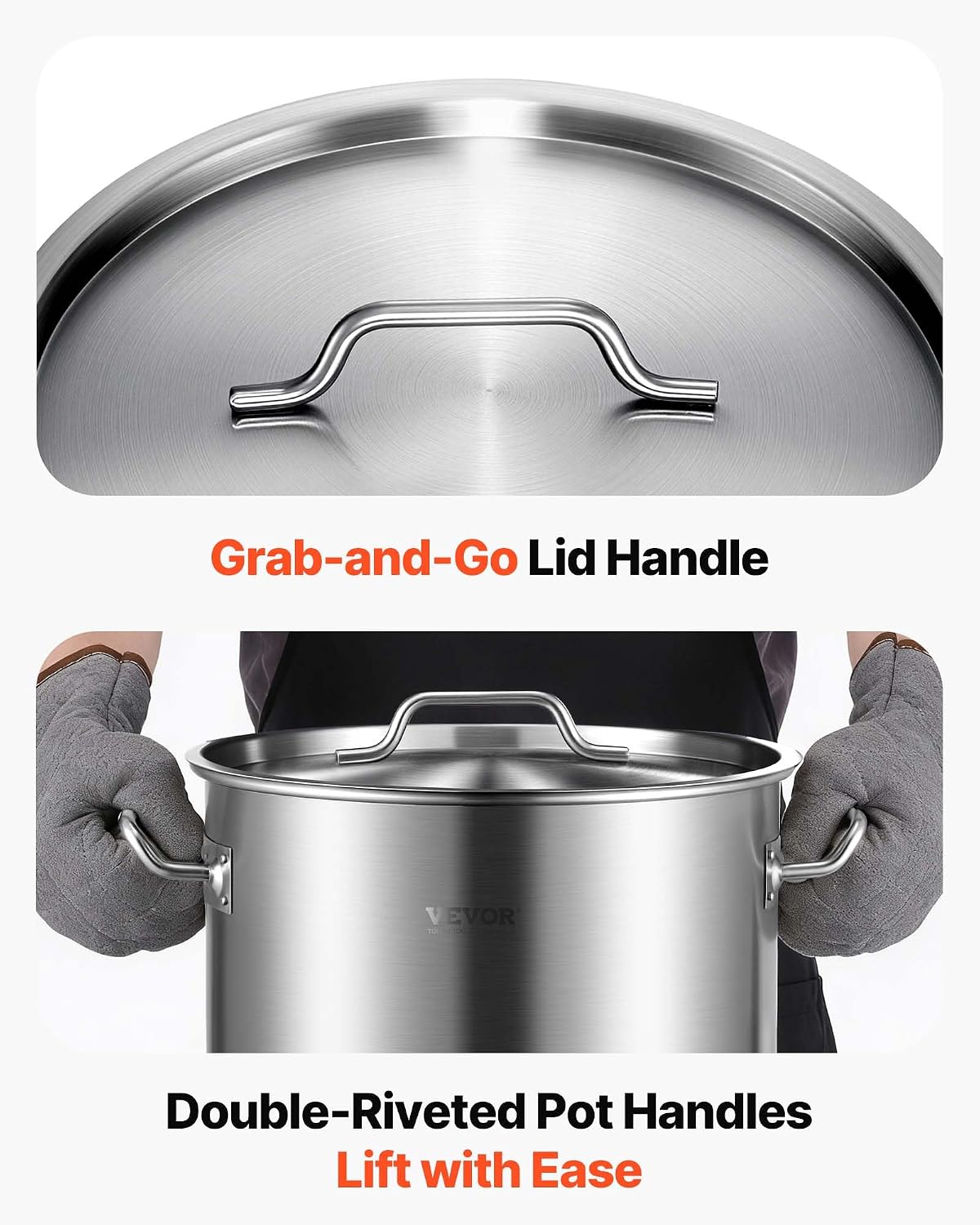VEVOR Stainless Steel Stockpot, 42 Quart Large Cooking Pots, Cookware Sauce Pot with Strainer, Lid, and Handle, Heavy Duty Commercial Grade Stock Pot, Sanding Treatment, for Large Groups Events Silver