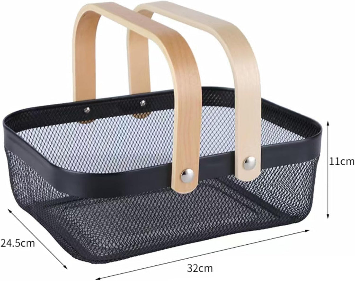 AJIODA Metal Mesh Steel Basket, Storage Organizer Basket Garden Harvest Basket Multi-functional Kitchen Fruit Baskets Bin with Wooden Handle for Bathroom Picnic Shopping Decor Cabinet Home, Pink