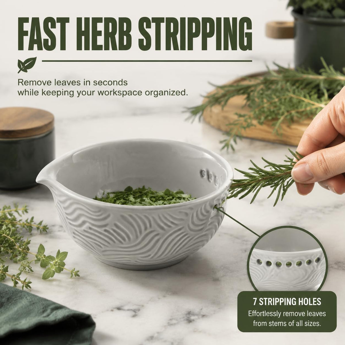Herb Stripper Bowl, 3-in-1 Ceramic Herb Peeling Bowl