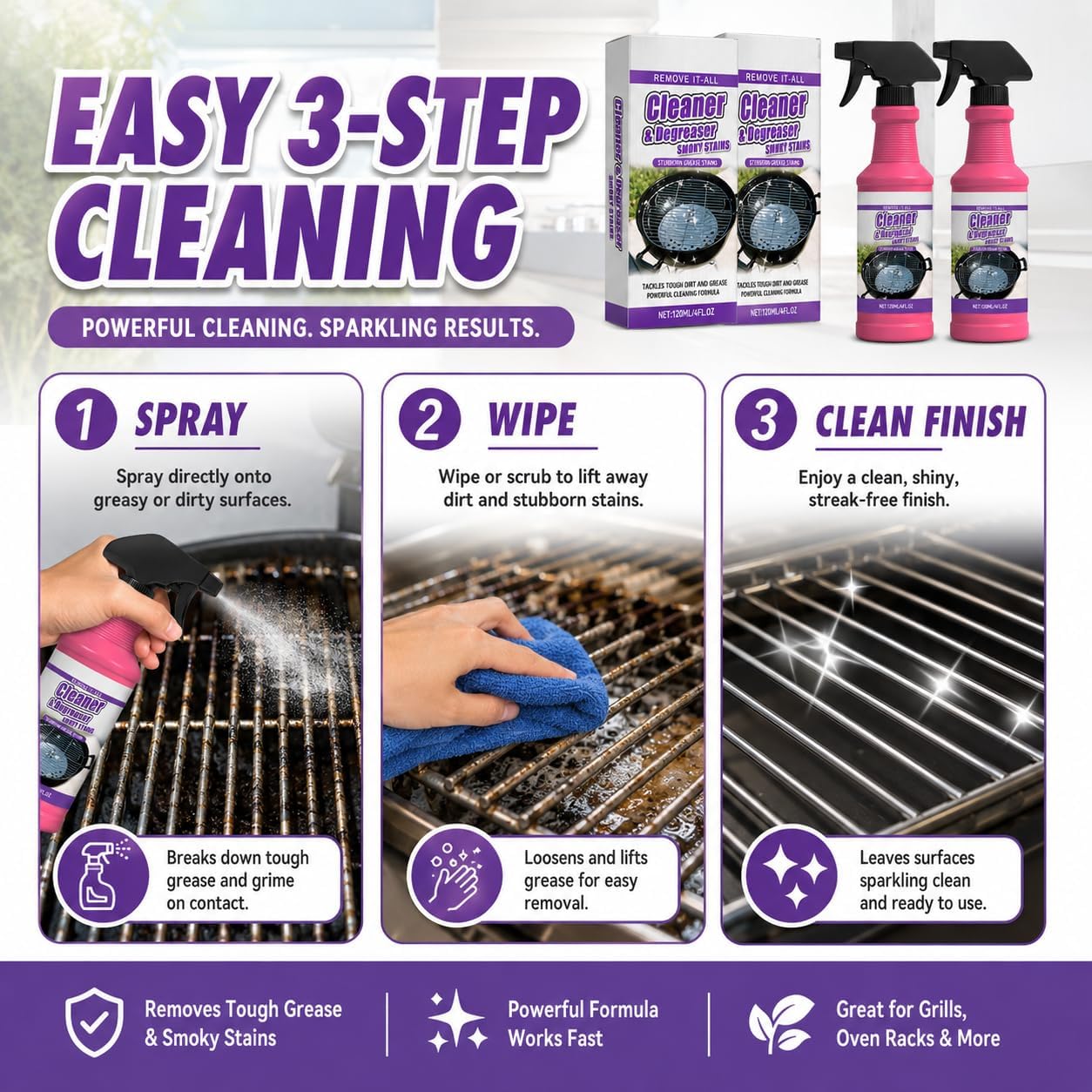 Fast-Acting Heavy-Duty Grill Degreaser Spray, 2Pcs BBQ Heavy Duty Degreaser Grill Cleaner Spray, Grills Cleaner Spray For Outdoor Grills