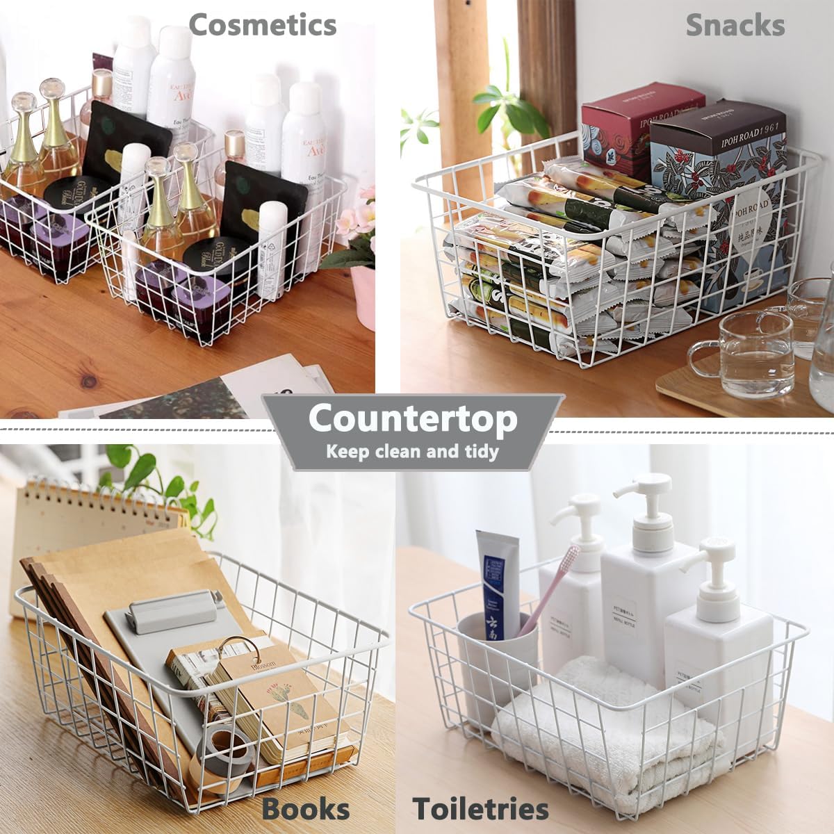 3 Pack Large Wire Baskets for Organizing 14.2'' Metal Wire Baskets with Built-in Handles, Wire Storage Basket Black Metal Freezer Organizer Wire Basket for Pantry, Cabinets, Bathroom