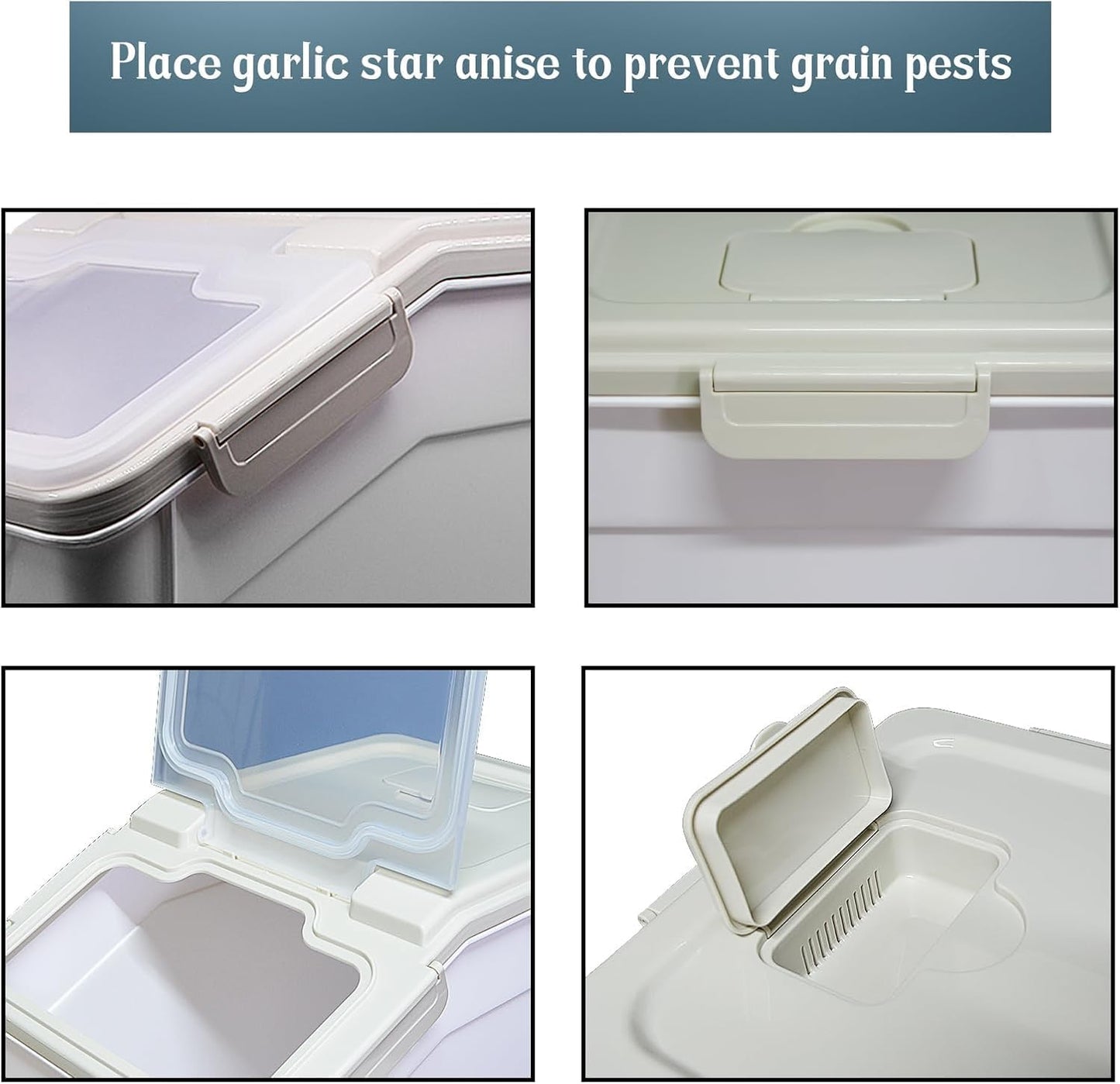 AnRui Airtight Flour Storage Container 25lb, Plastic Grain Storage Bucket, Rice Cereal Dispenser Organizer Box with Lid, Cat Dog Food Storage Bin with Measuring Cup, Scoop, Wheels, 2Pcs Green