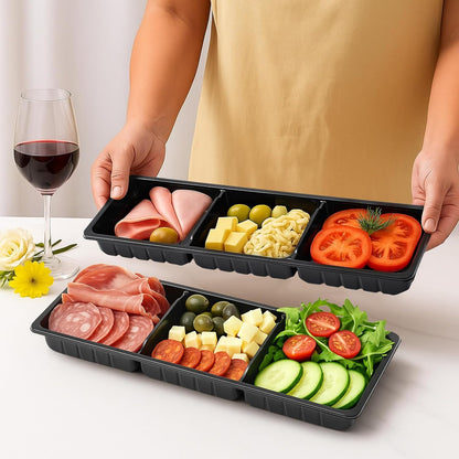 Shellwei 5 Pcs 3 Sections Rectangular Charcuterie Boards with Lid 15 x 5 in Serving Sushi Appetizer Platter Plastic Catering Divided Serving Travel Trays