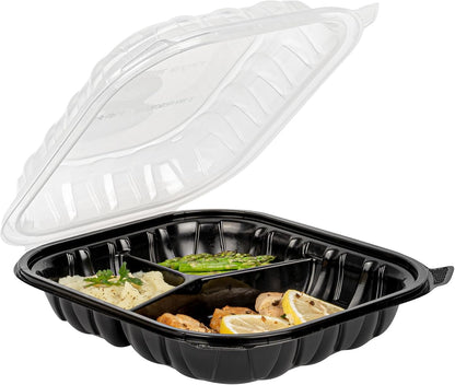 Thermo Tek 40 Ounce Clamshell Containers, 50 Disposable Take Out Boxes - 3 Compartments, Ventilated Lids, Black Plastic Meal Prep Containers, Microwavable, For Pasta Or Salads - Restaurantware