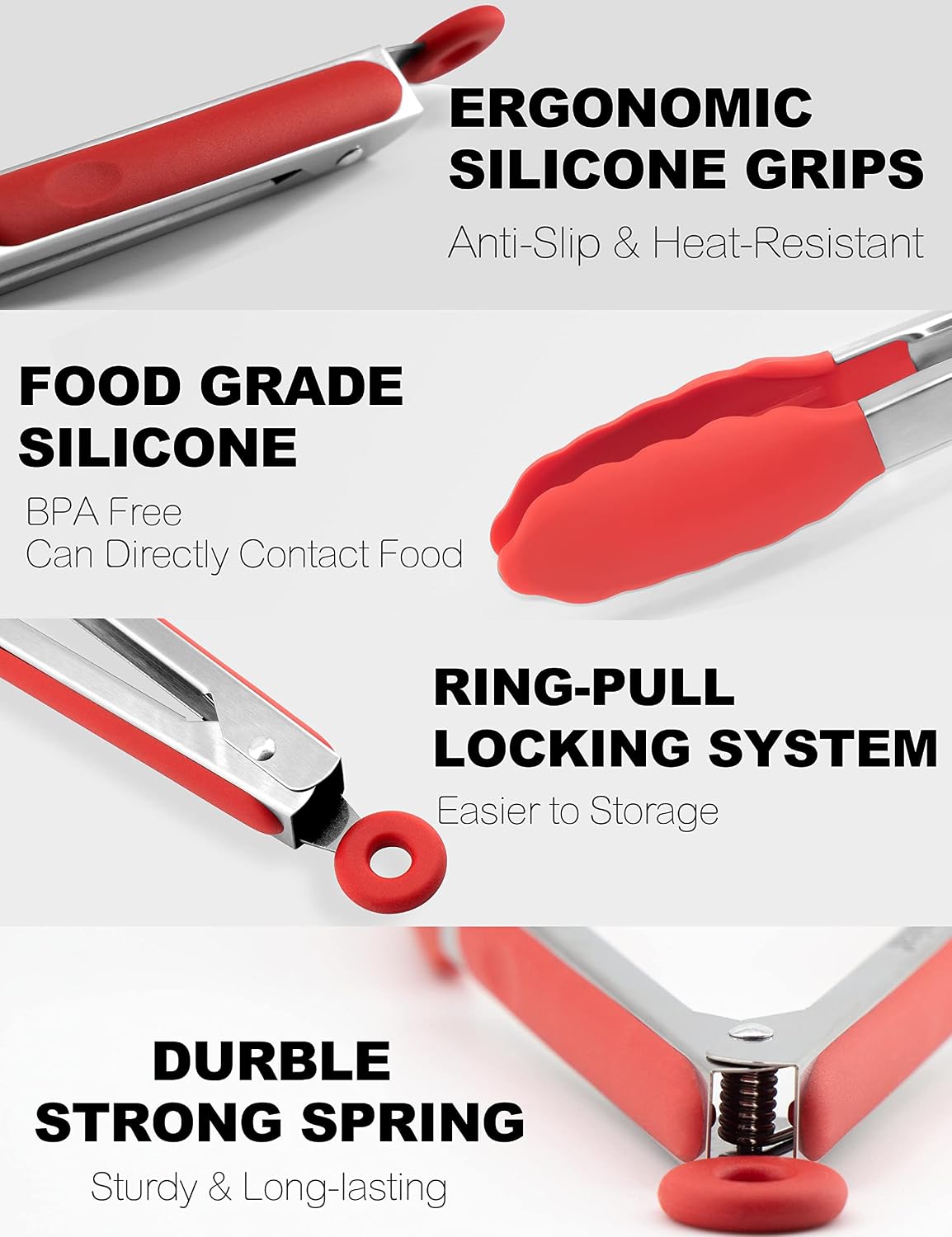 Anaeat Premium Kitchen Locking Tong Set of 3 - Heavy Duty Stainless Steel Food Tongs with Long Handle & Non-Slip Silicone Grip for Cooking, Baking, Grilling - Heat Resistant up to 480°F