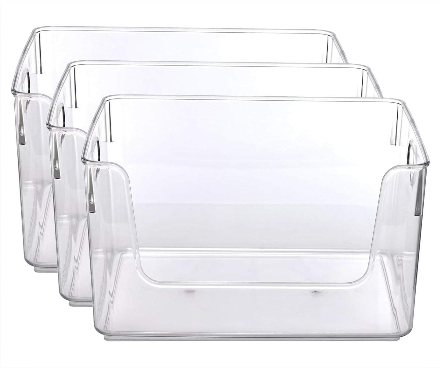 3 Pack Clear Glossy Plastic Open Front Storage Bins, Adult Single Size Easy Reach Organizer Containers for Closet, Pantry, Bathroom Cabinet, Cosmetics & Household Supplies