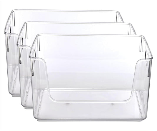 3 Pack Clear Glossy Plastic Open Front Storage Bins, Adult Single Size Easy Reach Organizer Containers for Closet, Pantry, Bathroom Cabinet, Cosmetics & Household Supplies