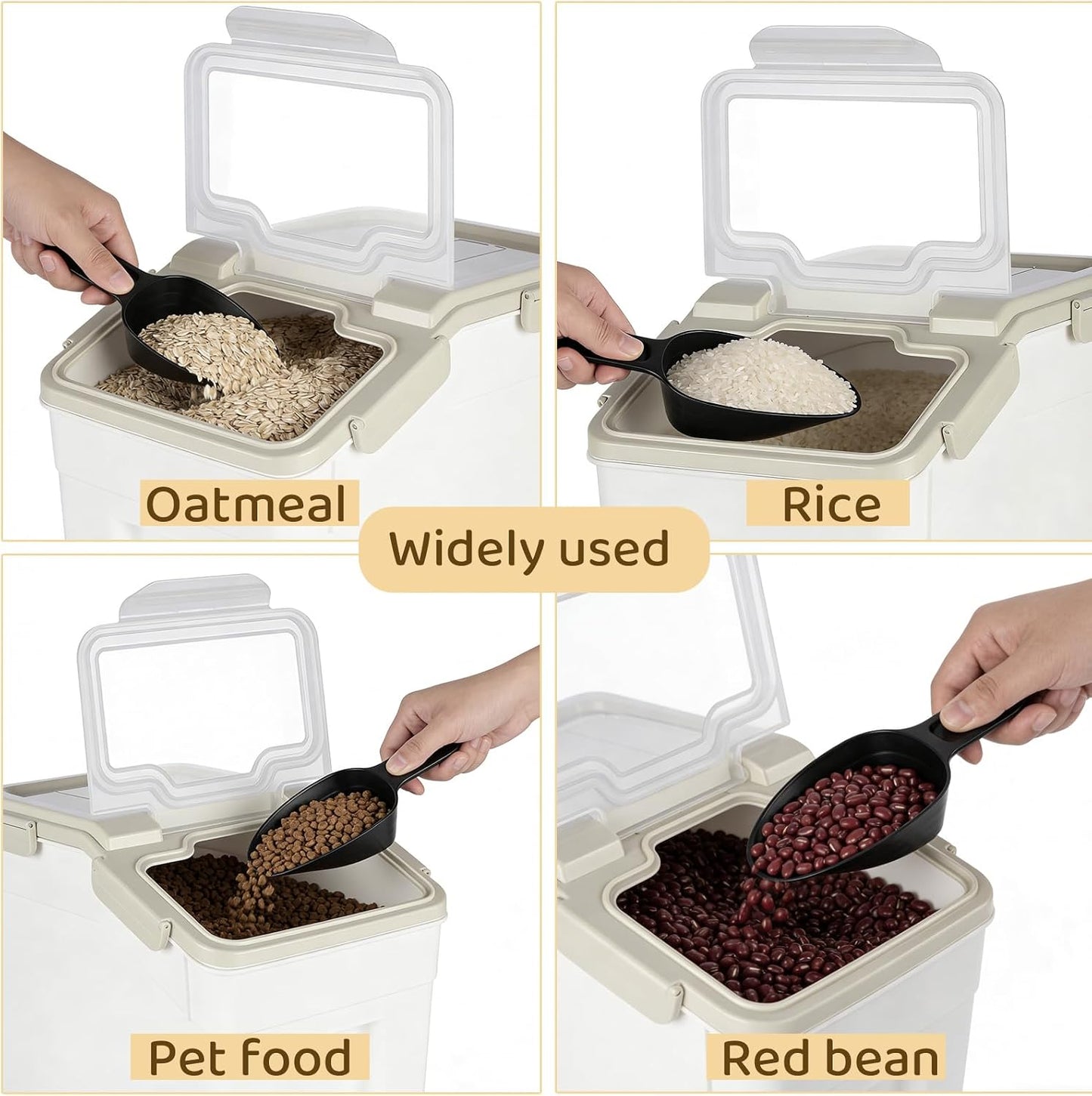 Rice Storage Container 25 lbs, Grey, 2 Pack | Airtight, with Wheels, Locking Lid, Measuring Cup Included, for Flour Sugar Grain Cereal